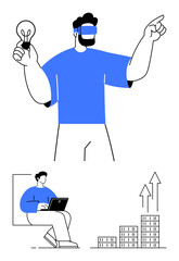 Man wearing VR headset holding lightbulb and pointing, seated worker on laptop, growth graph of rising bars and arrows. Ideal for innovation, virtual reality, tech trends, strategy, startups, growth