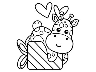 Valentine Day Giraffe Holding Gift Line Art