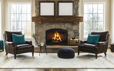 Cozy living room fireplace winter scene, relaxing atmosphere, home interior design