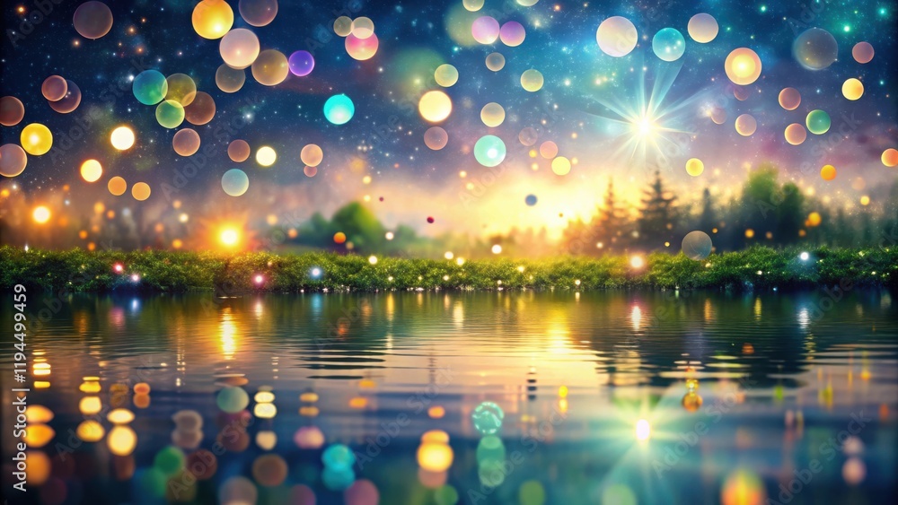 Poster A celestial scene of a shimmering lake, with a sky filled with colorful bokeh and twinkling stars reflecting on the still water.