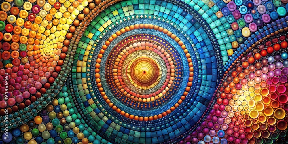 Poster a circular mosaic of vibrant colors in geometric shapes, creating a mesmerizing kaleidoscope of patt