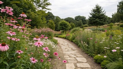 Naklejka premium A garden path lined with pink daisies and wildflowers leads to a serene and peaceful atmosphere., botanical, landscape, outdoor