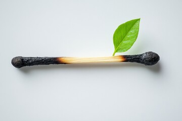 Single green leaf with a burned matchstick on white