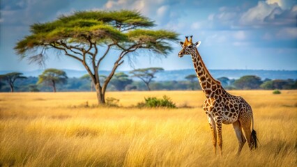 A giraffe standing in a sea of tall grasses and acacia trees, natural scenery, giraffes, wildlife habitats