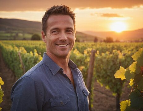 Winzer inmitten der Weinreben bei Sonnenaufgang