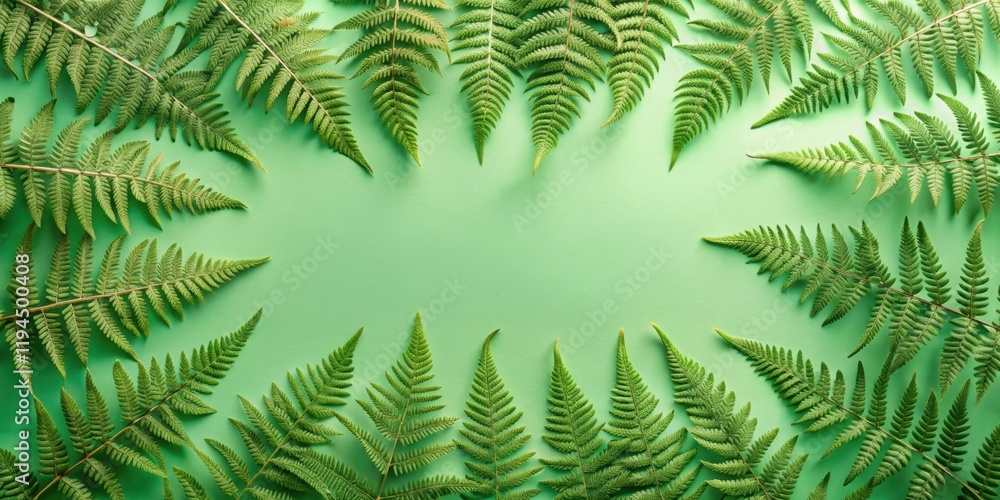 Poster a vibrant green background featuring a symmetrical frame of lush fern fronds, creating a natural and