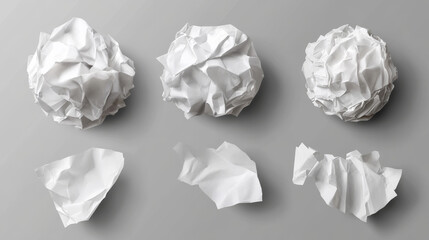 Crumple paper ball, white 3d crinkle trash vector isolated on transparent background. Waste scrunch garbage icon set. Realistic wrinkled page. Messy throw rumple grunge sheet. Mistake in document