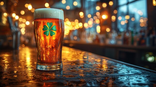 A frothy pint of amber beer with a clover symbol sits on a wet bar counter, surrounded by warm ambient lights