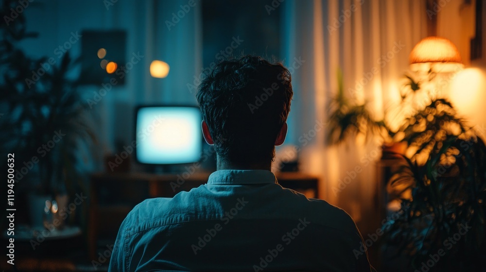 Poster a man enjoys a moment of tranquility while watching captivating television content in a warmly lit l