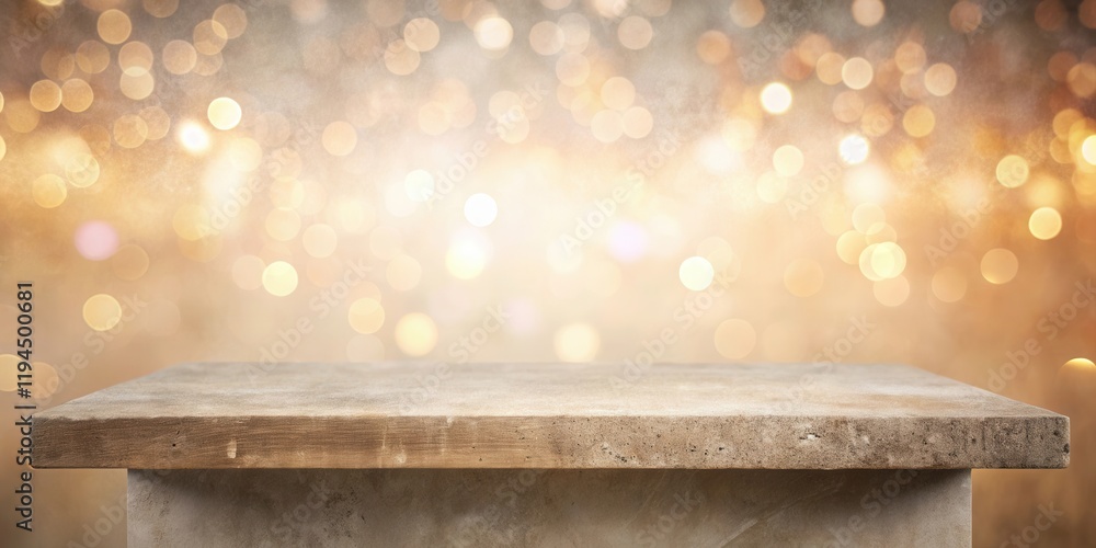 Poster a stone tabletop against a warm, sparkling background with abstract bokeh lights