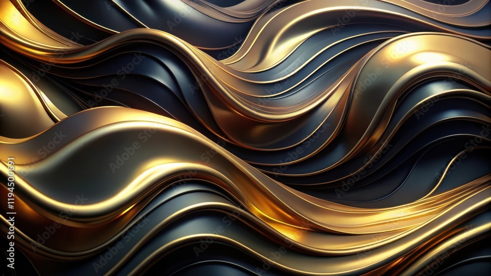 Poster abstract metallic waves a symphony of gold and black, reflecting a captivating play of light and sha