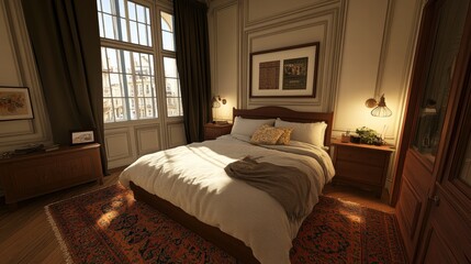 Sunlit Bedroom With Wooden Furniture And City View