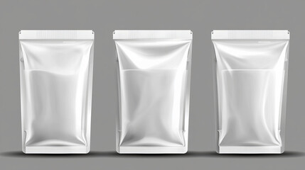 3D pouch bags set isolated on transparent background. Vector realistic illustration of white doypacks with plastic cap, blank space for branding, foil package for food, liquid substance, soap refill