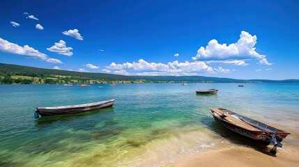 Obraz premium Boats on a Calm Lake Under a Sunny Sky