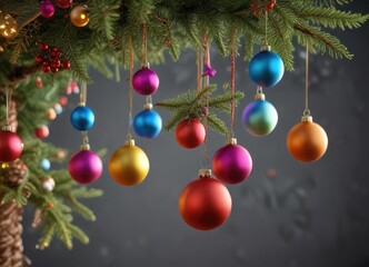 A group of colorful ornaments hanging from the branches of a Christmas tree, colorful ornaments, hanging,