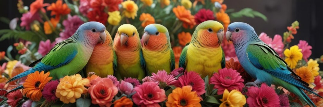 a group of brightly colored parakeets snuggled up against each other on a vibrant floral arrangement, tropical bird duo, flower-draped branch