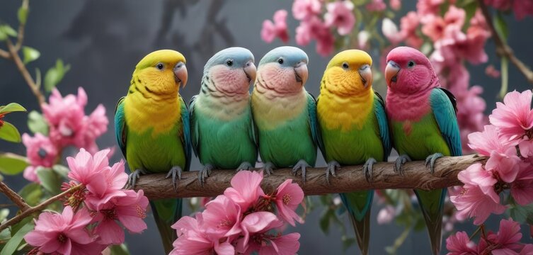a group of colorful parakeets snuggled up against each other on a vibrant floral stem with soft petals and leaves, peaceful haven , botanical bliss, flowering wreath