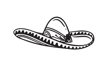 Hand drawn Mariachi hat illustration. Doodle mariachi hat. Sketch of mariachi hat isolated on white background. Sketch of sombrero. Vector illustration.