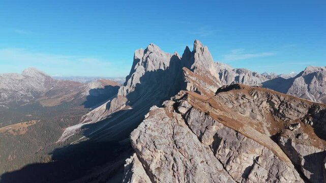 Aerial along Seceda ridgeline reveals Seggiovia fermeda chairlift, Dolomites