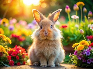 A fluffy bunny nibbles clover in a vibrant garden.