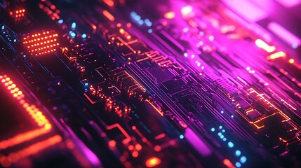 Obraz premium Neon Circuit Board Texture, Abstract, Tech Background, Cyberpunk, Digital Art