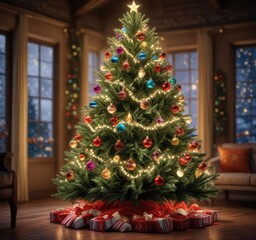 A large Christmas tree with twinkling lights and colorful ornaments, Winter Wonderland, Ornaments, Christmas Tree Decor