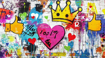 White paint spray graffiti with drips and splatter. Street art with heart, crown, diamond and thumb up symbols, frames in shape of square, rectangle, triangle and circle, vector realistic illustration