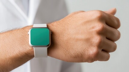 Fototapeta premium Smartwatch on wrist with blank green screen for customization, white isolate background