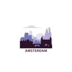 Fototapeta premium Amsterdam logo with skyline, cityscape retro vector icon. Netherlands, Holland city horizon, facade, travel logotype