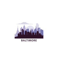Fototapeta premium USA Baltimore logo with skyline, cityscape retro vector icon. United States of America, Maryland city horizon, facade, travel logotype