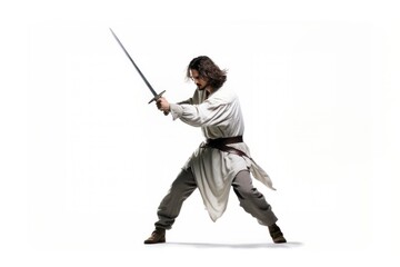Medieval male swing a sword weapon white background swordfight.