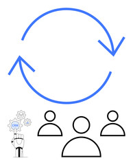 Circular arrows represent a recurring process alongside simple user icons and a CRM-focused robotic hand. Ideal for teamwork, automation, workflow, CRM, management, technology, abstract line flat