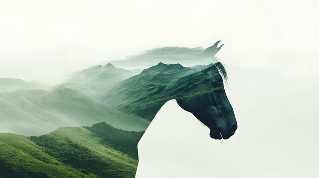 A double exposure of green mountains and a horse's head, in a minimalistic style.