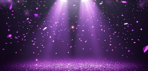 Colorful confetti raining down on a stage illuminated by purple lights during a festive celebration event	
