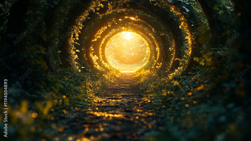 Poster bright sunlight filters through a tunnel of lush greenery in a tranquil forest setting
