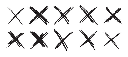 Doodle scribble crosses to cross out or mark text set. X sign sketch style. denial signs isolated on white background.