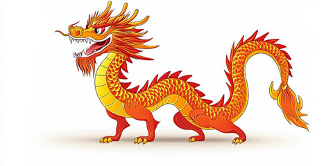 A cartoon-style Chinese dragon in bright red and gold stands tall, showcasing its intricate patterns and lively expression. The illustration highlights traditional cultural charm and festivity.