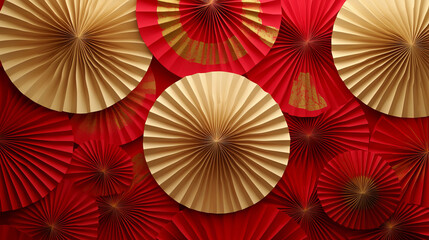 An intricate arrangement of red and gold paper fans creates a mesmerizing illusion of circular patterns. The rich hues enhance the festive ambiance, perfect for Chinese New Year.
