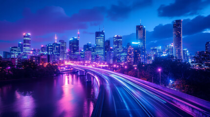 Fototapeta premium Bridge above river and city skyline with neon lights at night. Urban landscape with empty overpass highway, town buildings and skyscrapers on horizon, vector cartoon illustration