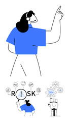 Woman pointing upward, magnifying risk amid data icons, focusing on CRM gears and analytics. Ideal for business strategy, risk management, data analysis, customer relationship, teamwork