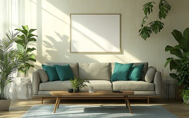 Sunlit living room, sofa, plants,  modern decor, relaxing atmosphere, home interior design
