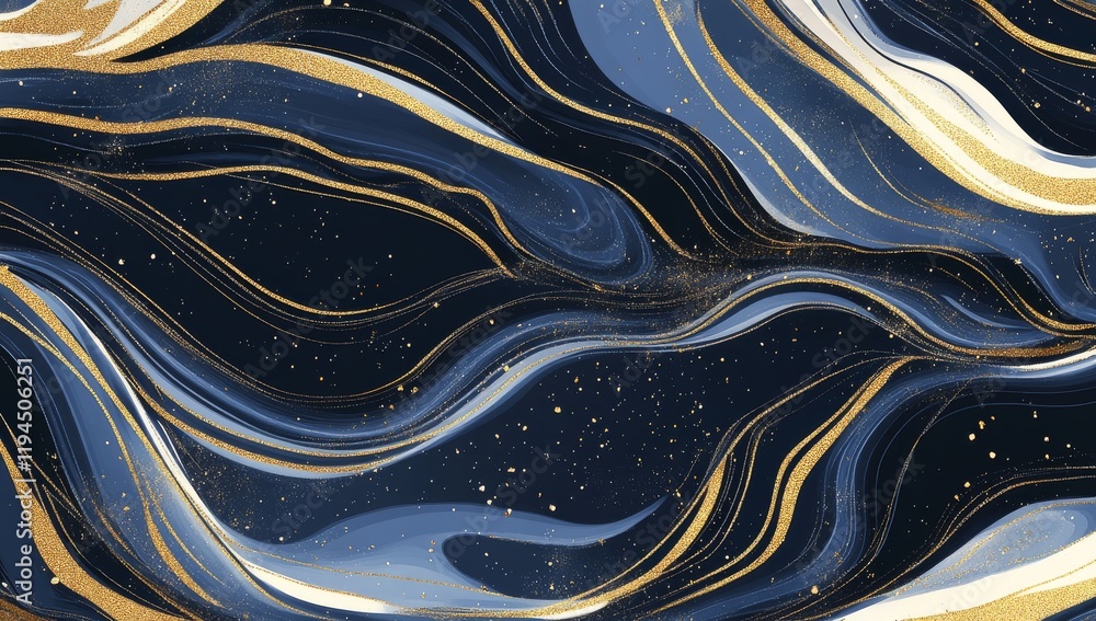 Poster swirling abstract design with gold accents and deep blue tones creating a dynamic visual effect