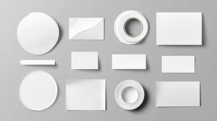 White stickers, glued paper patches and adhesive tapes with wrinkles. Vector realistic set of blank circle and rectangular sticky tags and labels with folds isolated on gray background