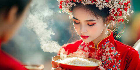 Vietnamese women in traditional red ao dai celebrate at an apricot festival, holding steaming bowls adorned with rice and flowers. Their elegant jewelry and delicate accessories enhance the scene.