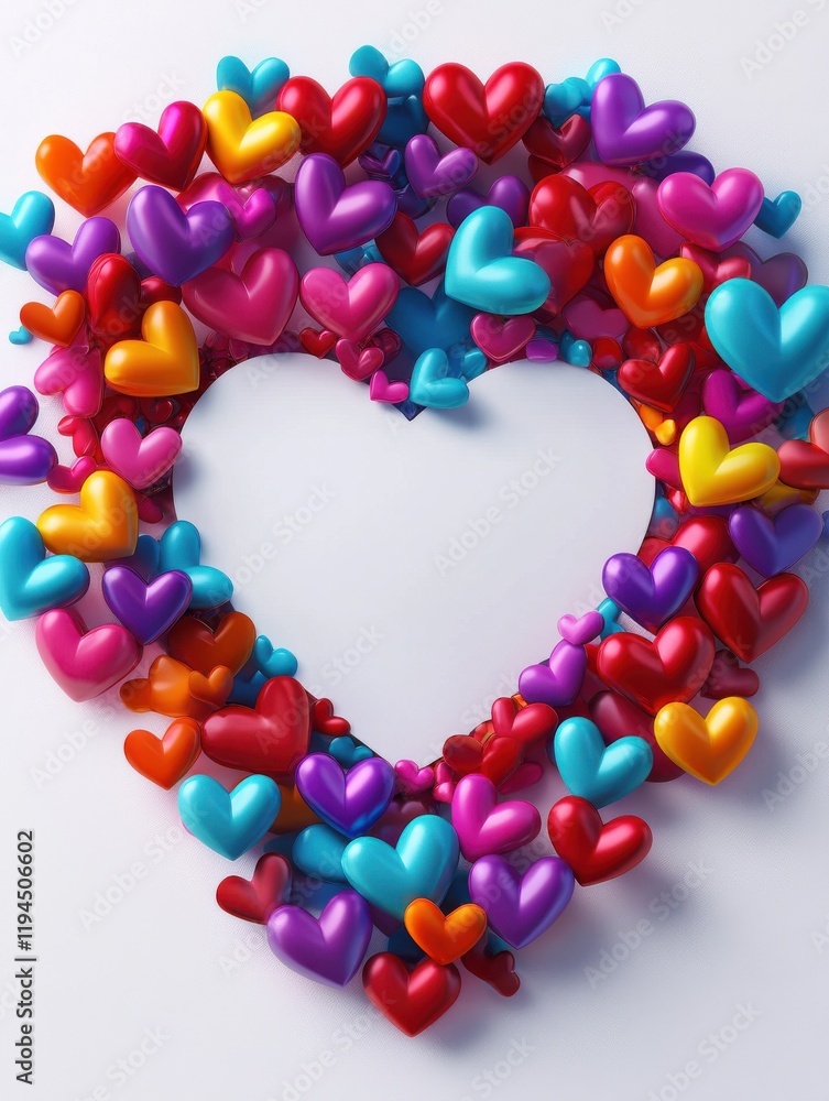 Poster multicolored of colorful hearts in various shades to form a larger heart shape, with a central white