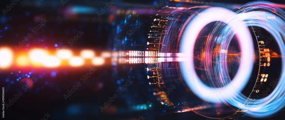 Poster dynamic light tunnel creating a futuristic visual experience with glowing rings and streams of light