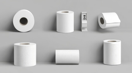 White toilet paper or hygiene tissue roll mock up. Realistic vector set of kitchen towel with carton spool cylinder tube standing and lying isolated on grey background. Blank lavatory napkin scroll.