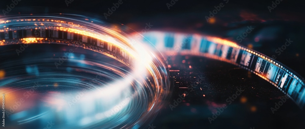 Poster dynamic light tunnel creating a futuristic visual experience with glowing rings and streams of light