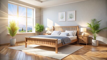 Bright White Linen Bedroom - Minimalist Wooden Bed, Crisp White Bedding, Sunlight