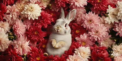 A charming rabbit sits among red and pink chrysanthemums, its adorable demeanor and vibrant floral surroundings creating a heartwarming scene filled with seasonal joy.